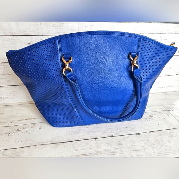 Joe's Large Blue Weekender Handbag Purse Vegan Leather Tote Bag Zip up Gold - Picture 5 of 16